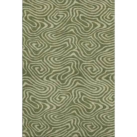 Olive Green And Beige Abstract Washable Area Rug With UV Protection Photo 1