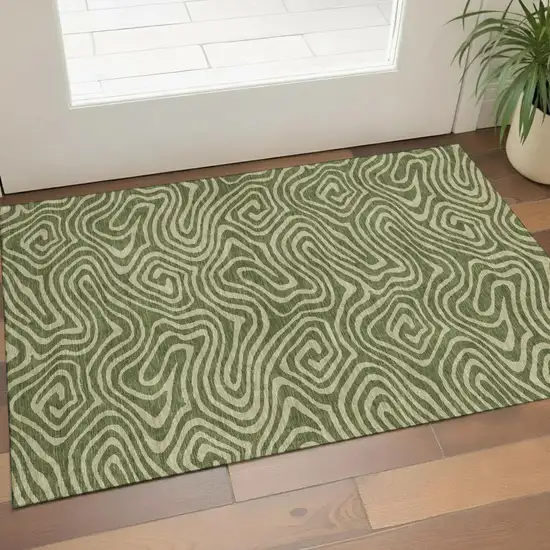 Olive Green And Beige Abstract Washable Area Rug With UV Protection Photo 1