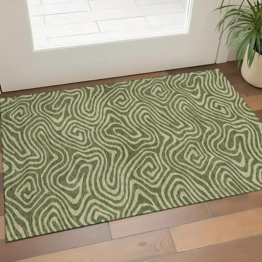 Olive Green And Beige Abstract Washable Area Rug With UV Protection Photo 1