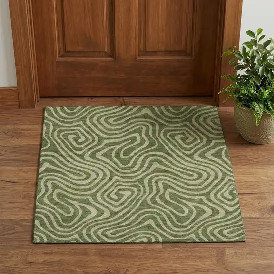 Olive Green And Beige Abstract Washable Area Rug With UV Protection Photo 1