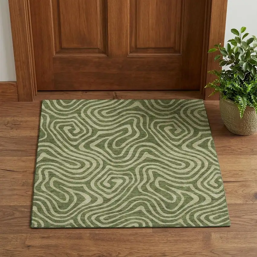 Olive Green And Beige Abstract Washable Area Rug With UV Protection Photo 1