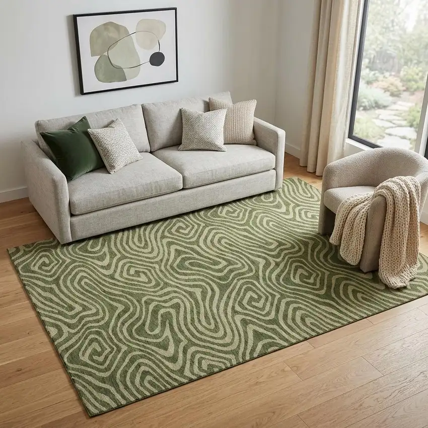 Olive Green And Beige Abstract Washable Area Rug With UV Protection Photo 1
