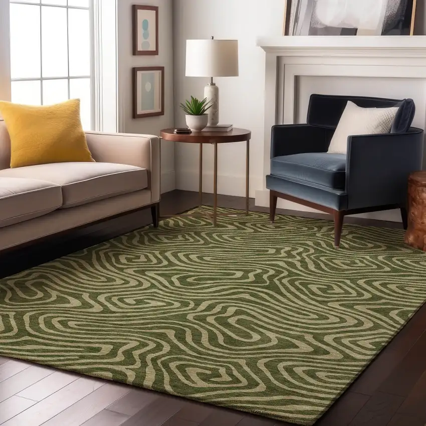 Olive Green And Beige Abstract Washable Area Rug With UV Protection Photo 4