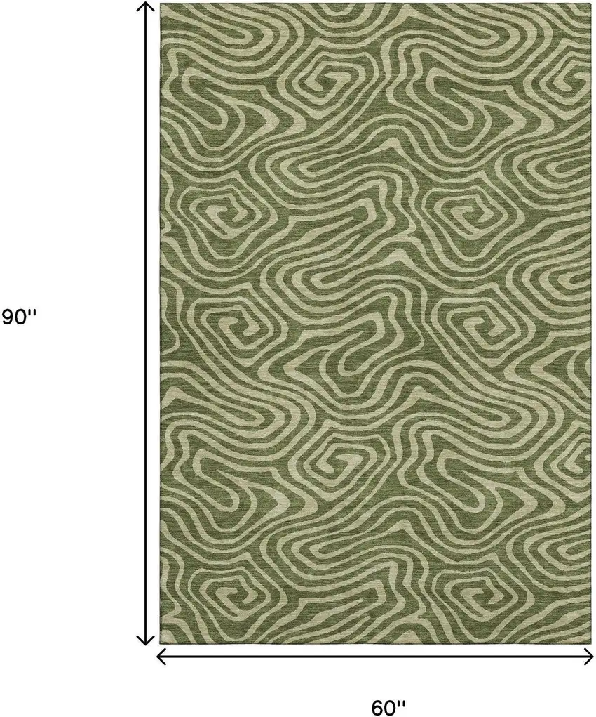 Olive Green And Beige Abstract Washable Area Rug With UV Protection Photo 8