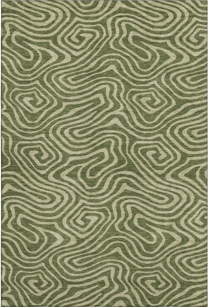 Olive Green And Beige Abstract Washable Area Rug With UV Protection Photo 1