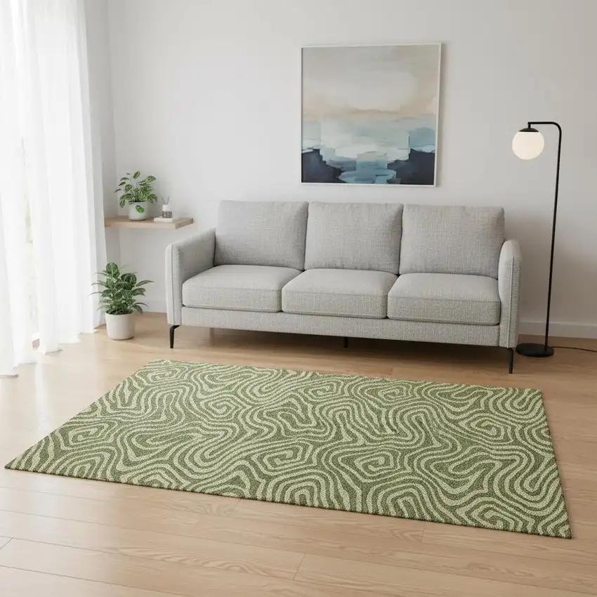 Olive Green And Beige Abstract Washable Area Rug With UV Protection Photo 2