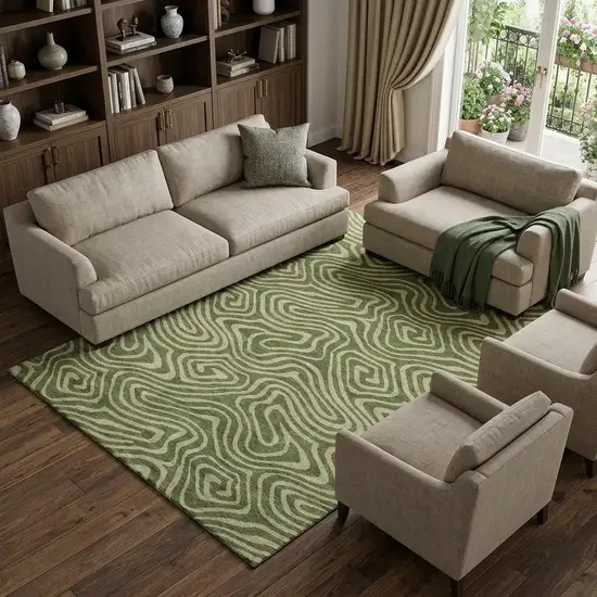 Olive Green And Beige Abstract Washable Area Rug With UV Protection Photo 1