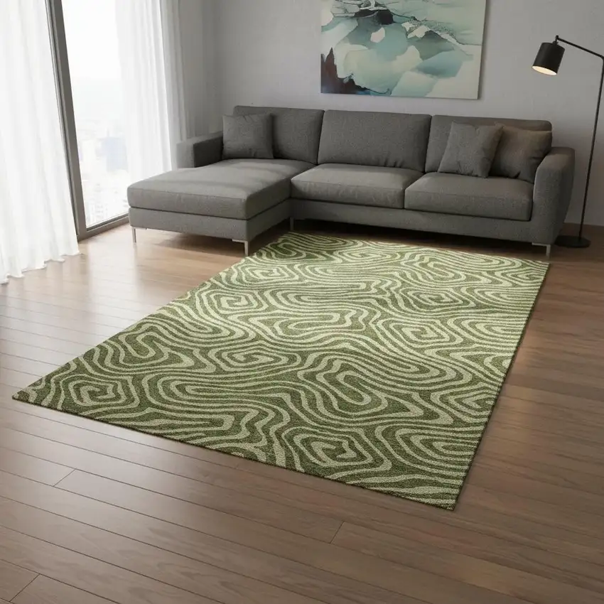 Olive Green And Beige Abstract Washable Area Rug With UV Protection Photo 2