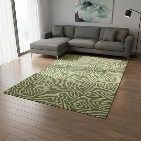 Olive Green And Beige Abstract Washable Area Rug With UV Protection Photo 2