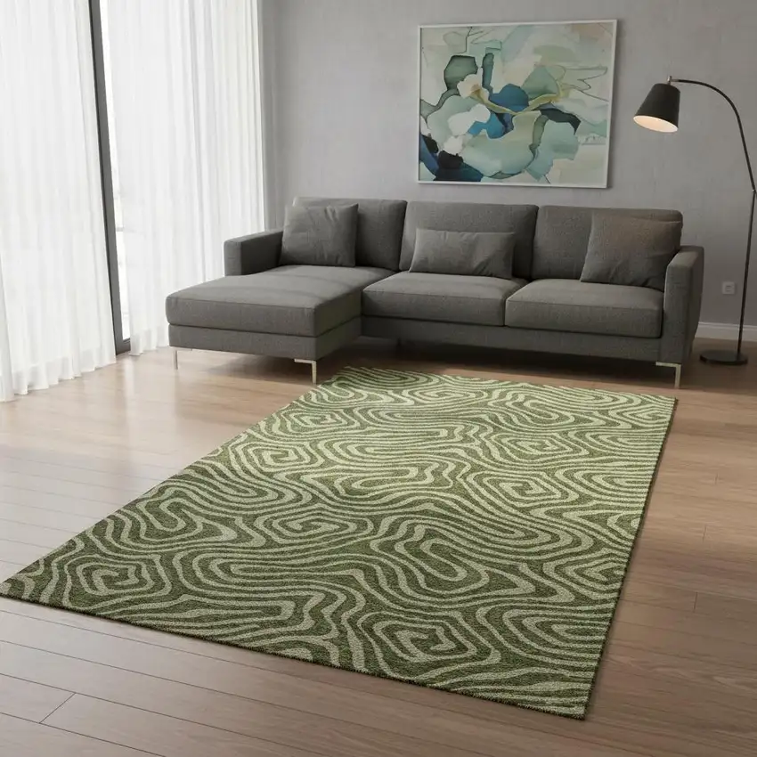 Olive Green And Beige Abstract Washable Area Rug With UV Protection Photo 2