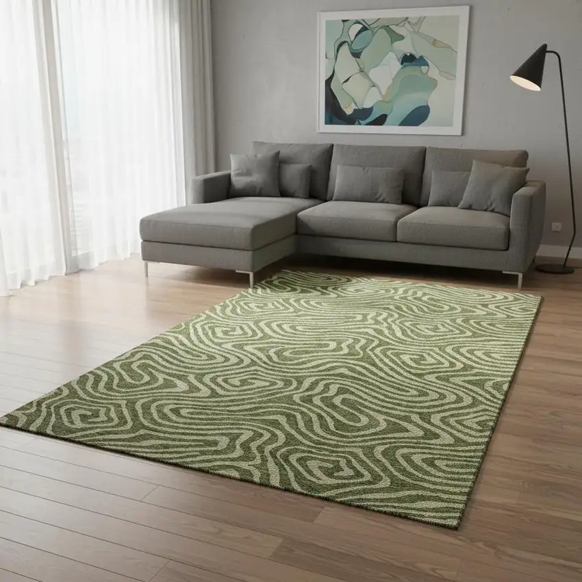 Olive Green And Beige Abstract Washable Area Rug With UV Protection Photo 2