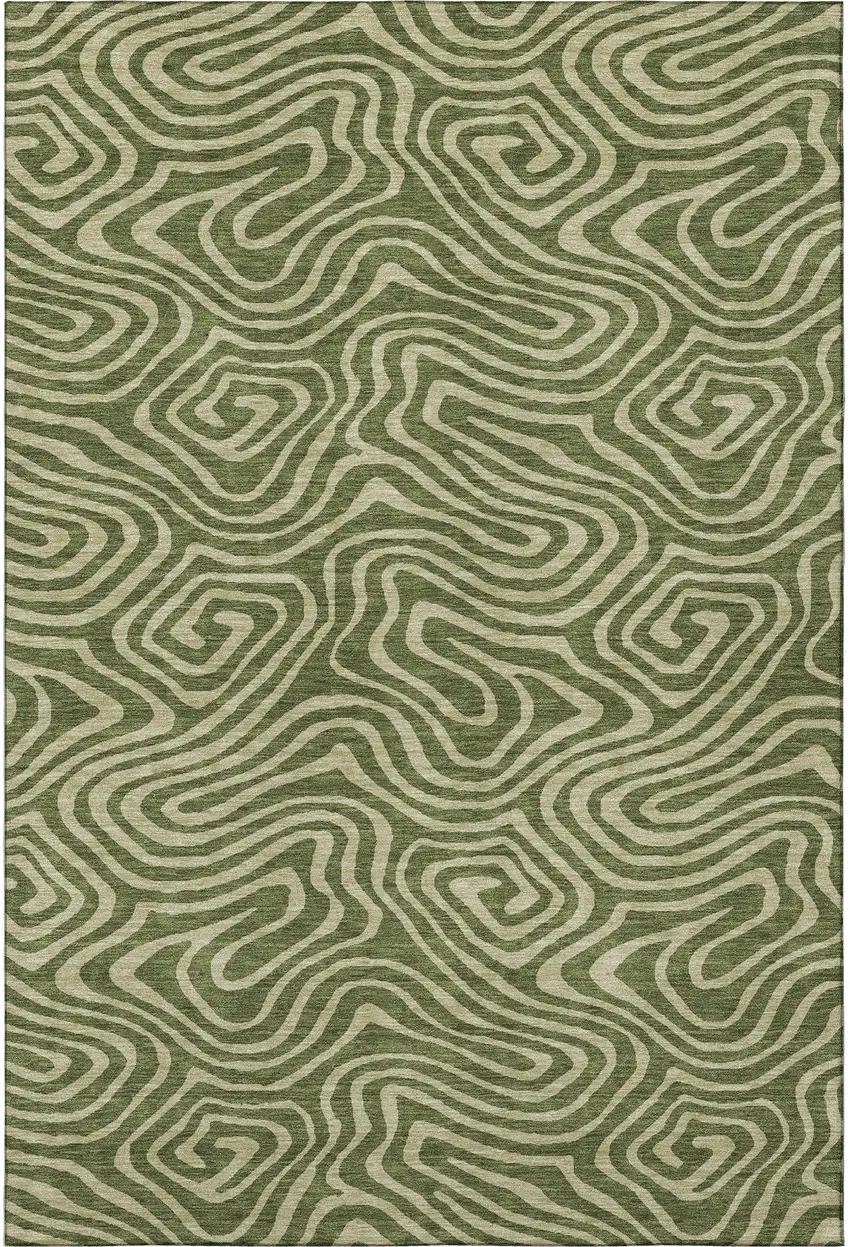 Olive Green And Beige Abstract Washable Area Rug With UV Protection Photo 3