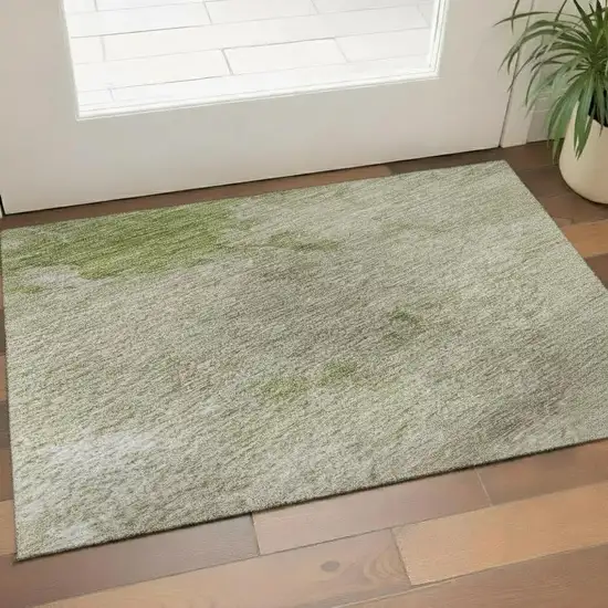 Olive Green And Beige Abstract Washable Area Rug With UV Protection Photo 2
