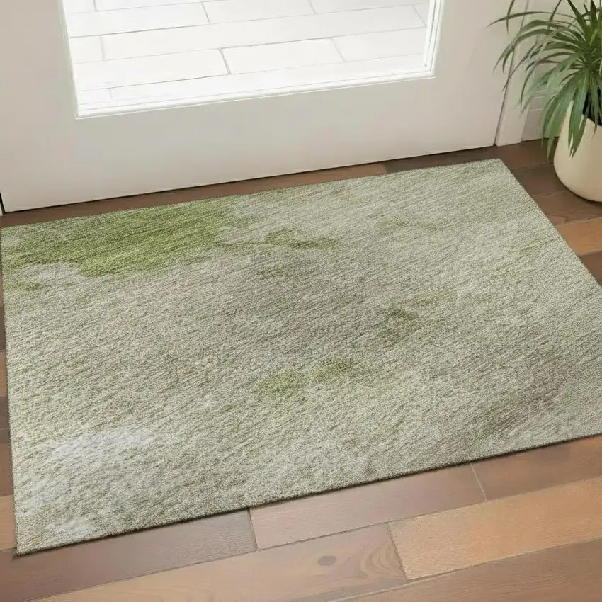 Olive Green And Beige Abstract Washable Area Rug With UV Protection Photo 2
