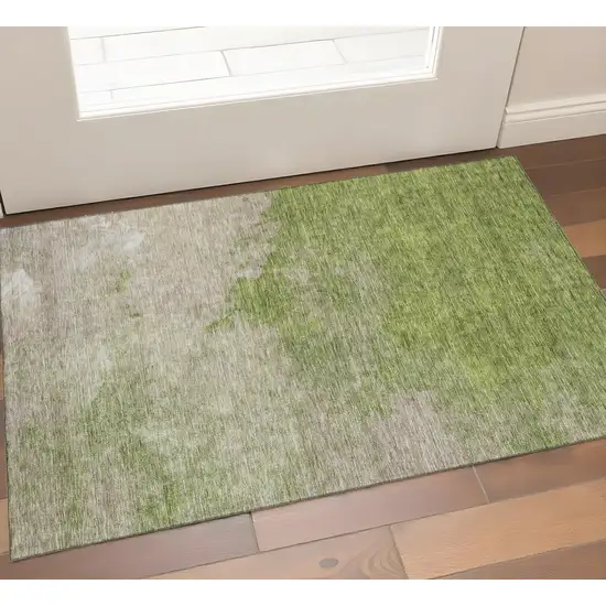 Olive Green And Beige Abstract Washable Area Rug With UV Protection Photo 1