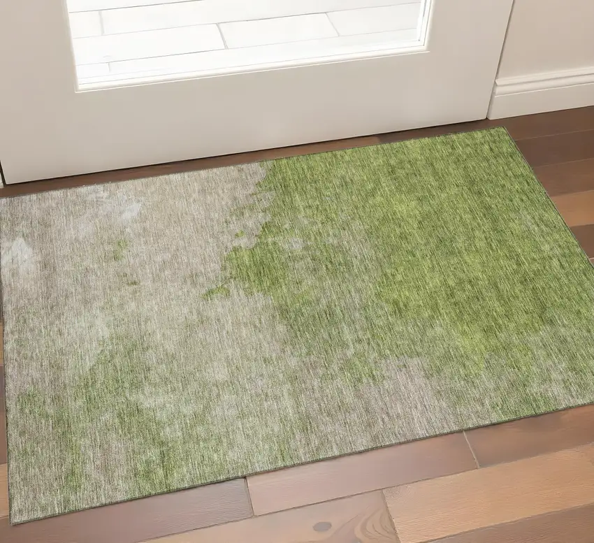 Olive Green And Beige Abstract Washable Area Rug With UV Protection Photo 1