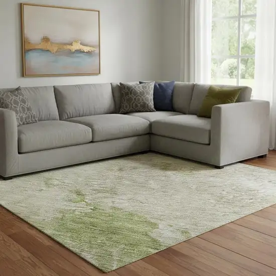 Olive Green And Beige Abstract Washable Area Rug With UV Protection Photo 2