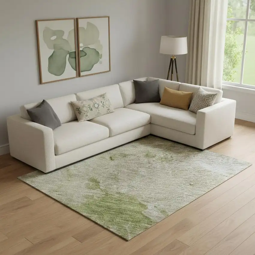 Olive Green And Beige Abstract Washable Area Rug With UV Protection Photo 2