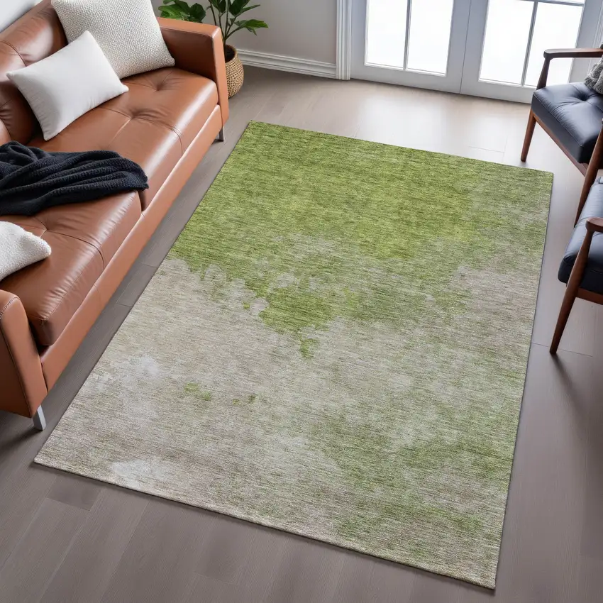 Olive Green And Beige Abstract Washable Area Rug With UV Protection Photo 4