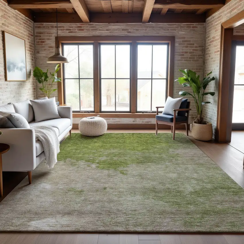 Olive Green And Beige Abstract Washable Area Rug With UV Protection Photo 2