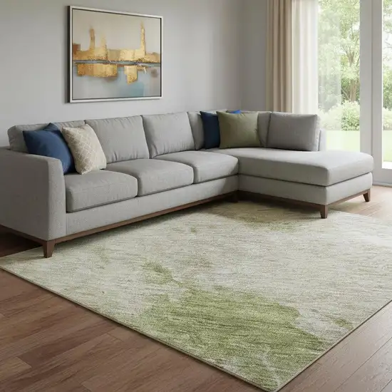 Olive Green And Beige Abstract Washable Area Rug With UV Protection Photo 2