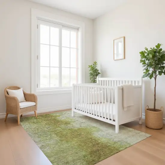 Olive Green And Beige Abstract Washable Area Rug With UV Protection Photo 3