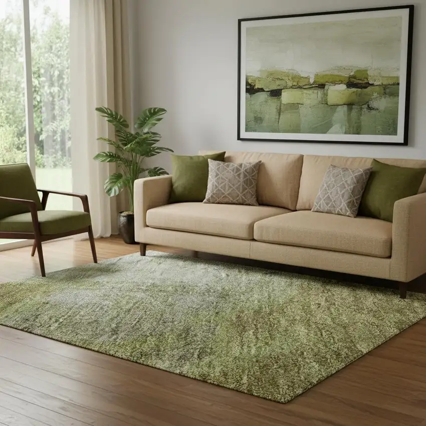 Olive Green And Beige Abstract Washable Area Rug With UV Protection Photo 2