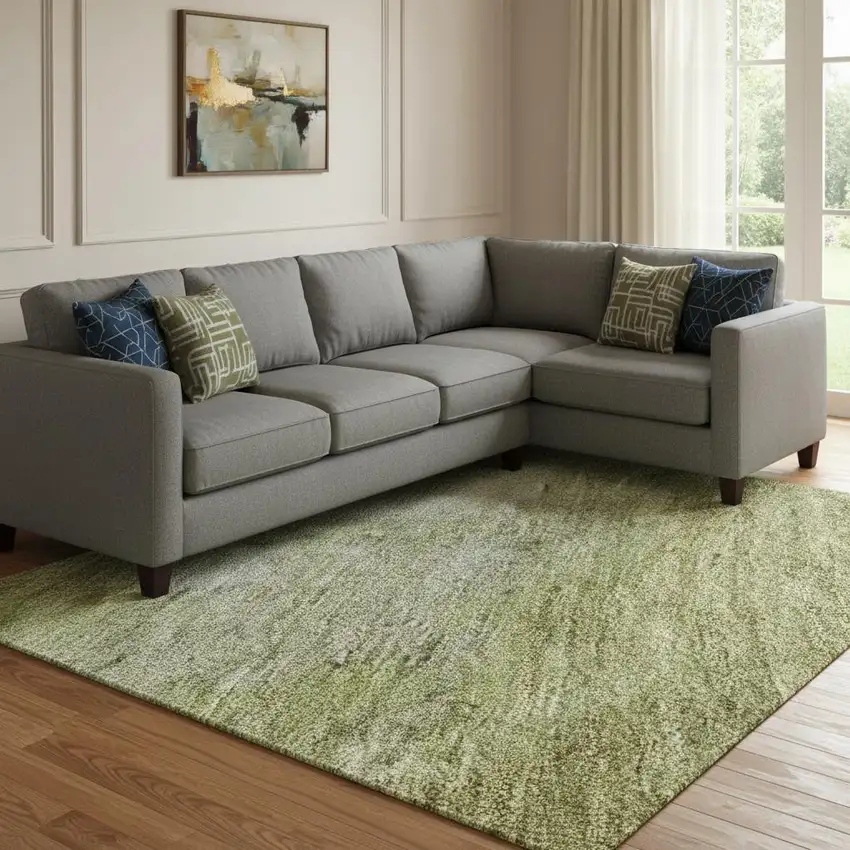 Olive Green And Beige Abstract Washable Area Rug With UV Protection Photo 2