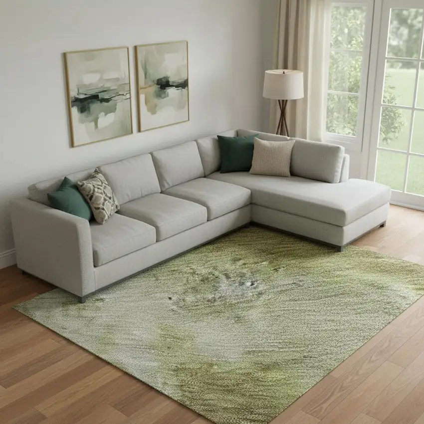 Olive Green And Beige Abstract Washable Area Rug With UV Protection Photo 2