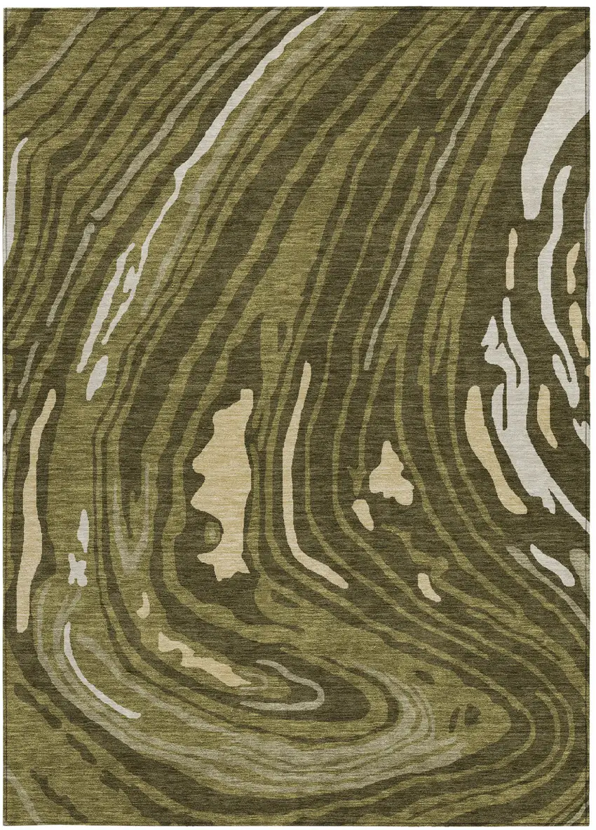Olive Green And Beige Abstract Washable Indoor Outdoor Area Rug Photo 6