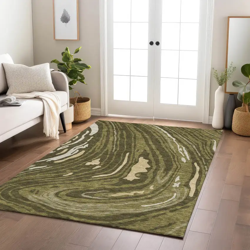 Olive Green And Beige Abstract Washable Indoor Outdoor Area Rug Photo 9