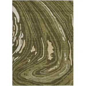 Photo of Olive Green And Beige Abstract Washable Indoor Outdoor Area Rug