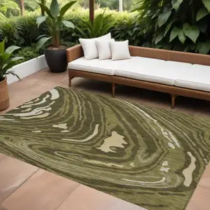 Photo of Olive Green And Beige Abstract Washable Indoor Outdoor Area Rug