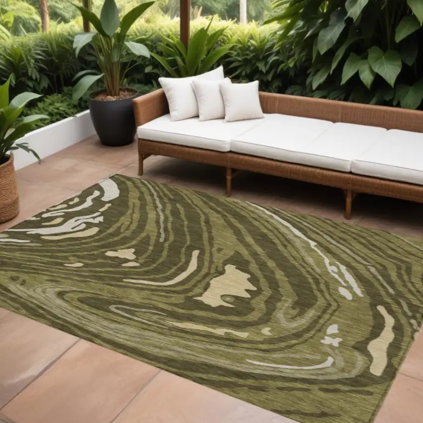 Olive Green And Beige Abstract Washable Indoor Outdoor Area Rug Photo 1