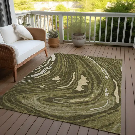 Olive Green And Beige Abstract Washable Indoor Outdoor Area Rug Photo 8