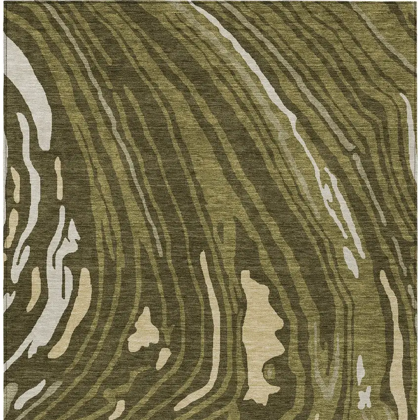 Olive Green And Beige Abstract Washable Indoor Outdoor Area Rug Photo 6