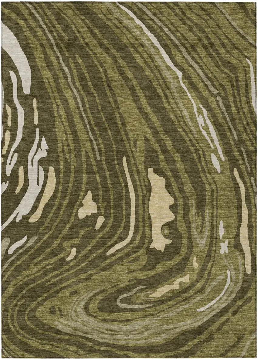 Olive Green And Beige Abstract Washable Indoor Outdoor Area Rug Photo 2