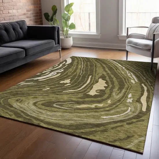 Olive Green And Beige Abstract Washable Indoor Outdoor Area Rug Photo 9