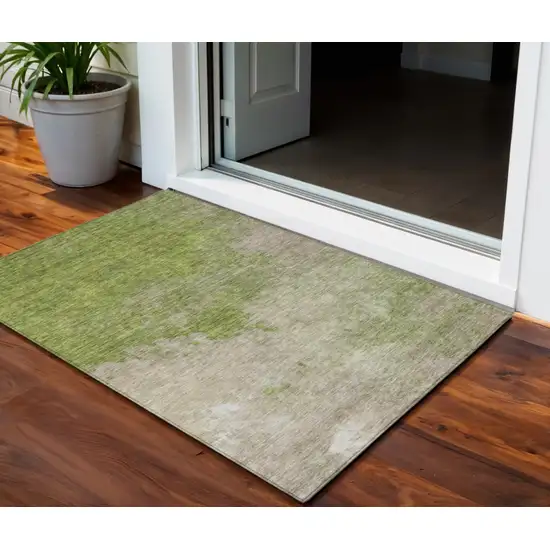 Olive Green And Beige Abstract Washable Indoor Outdoor Area Rug Photo 1
