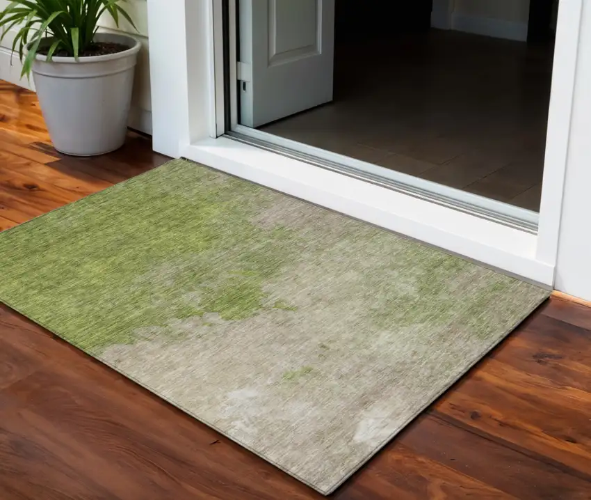 Olive Green And Beige Abstract Washable Indoor Outdoor Area Rug Photo 1