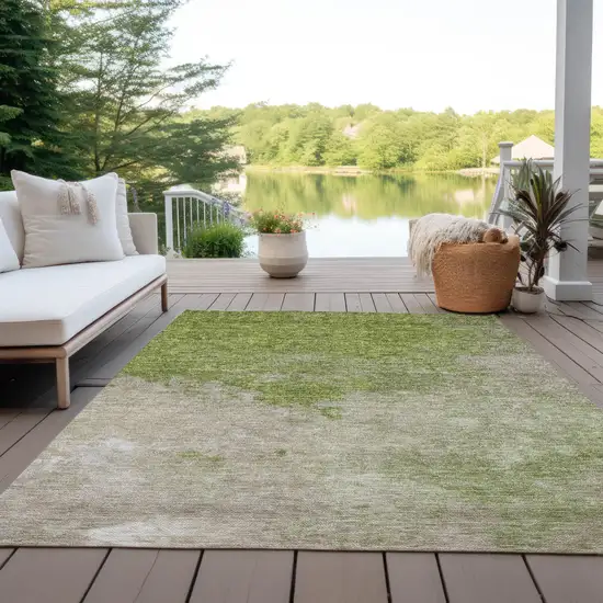 Olive Green And Beige Abstract Washable Indoor Outdoor Area Rug Photo 7