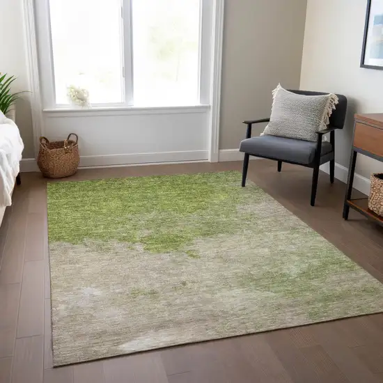 Olive Green And Beige Abstract Washable Indoor Outdoor Area Rug Photo 9