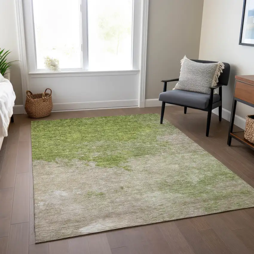 Olive Green And Beige Abstract Washable Indoor Outdoor Area Rug Photo 9