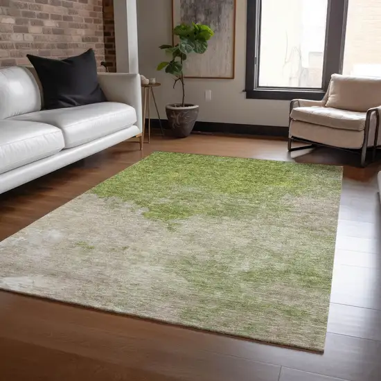 Olive Green And Beige Abstract Washable Indoor Outdoor Area Rug Photo 8