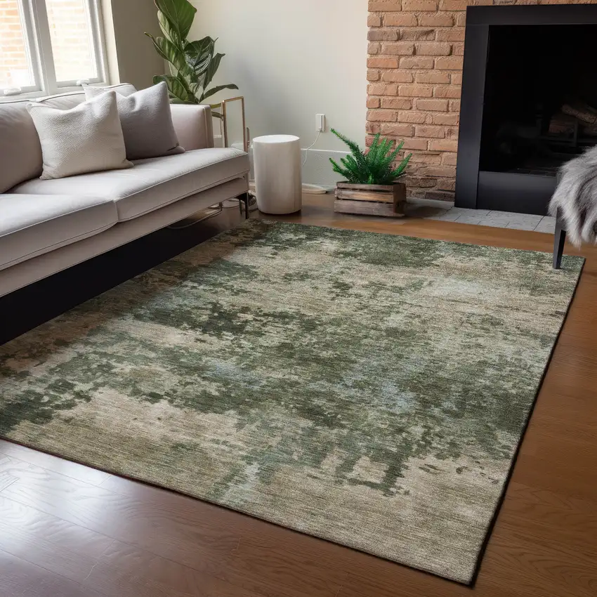 Olive Green And Beige Abstract Washable Indoor Outdoor Area Rug Photo 6