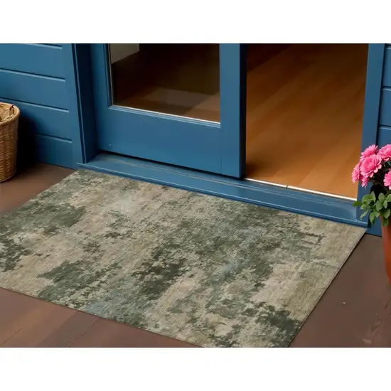 Olive Green And Beige Abstract Washable Indoor Outdoor Area Rug Photo 1