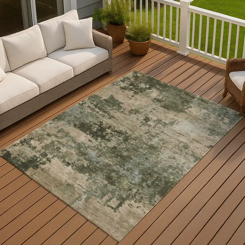 Olive Green And Beige Abstract Washable Indoor Outdoor Area Rug Photo 4