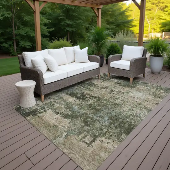 Olive Green And Beige Abstract Washable Indoor Outdoor Area Rug Photo 7