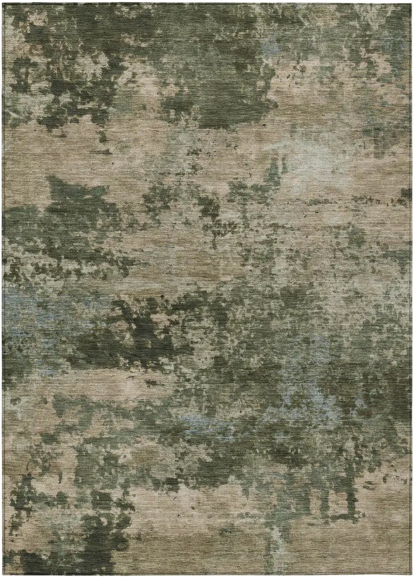 Olive Green And Beige Abstract Washable Indoor Outdoor Area Rug Photo 1
