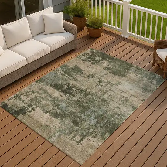 Olive Green And Beige Abstract Washable Indoor Outdoor Area Rug Photo 4